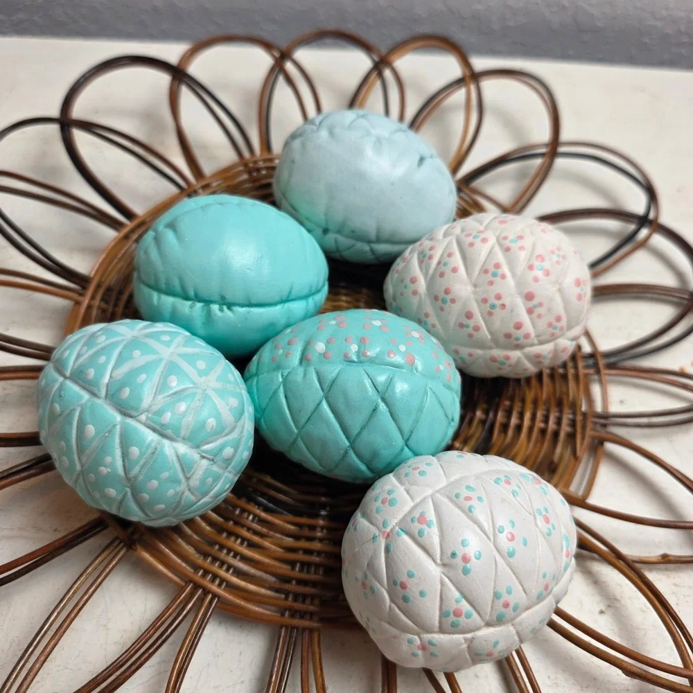 Vintage Quilted Ceramic Easter Egg Set of 6 Hand‎ Painted Blue White Cottagecore